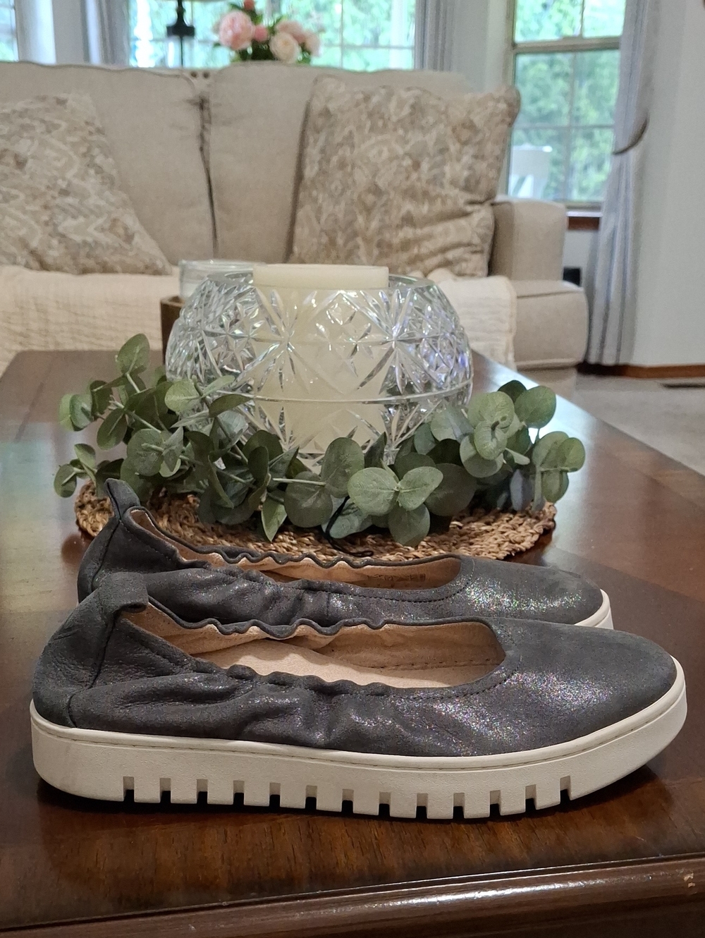 Vionic Uptown Ballet Flat Slip On Loafer Sneaker Polluted Silver Leather Sz 9.5